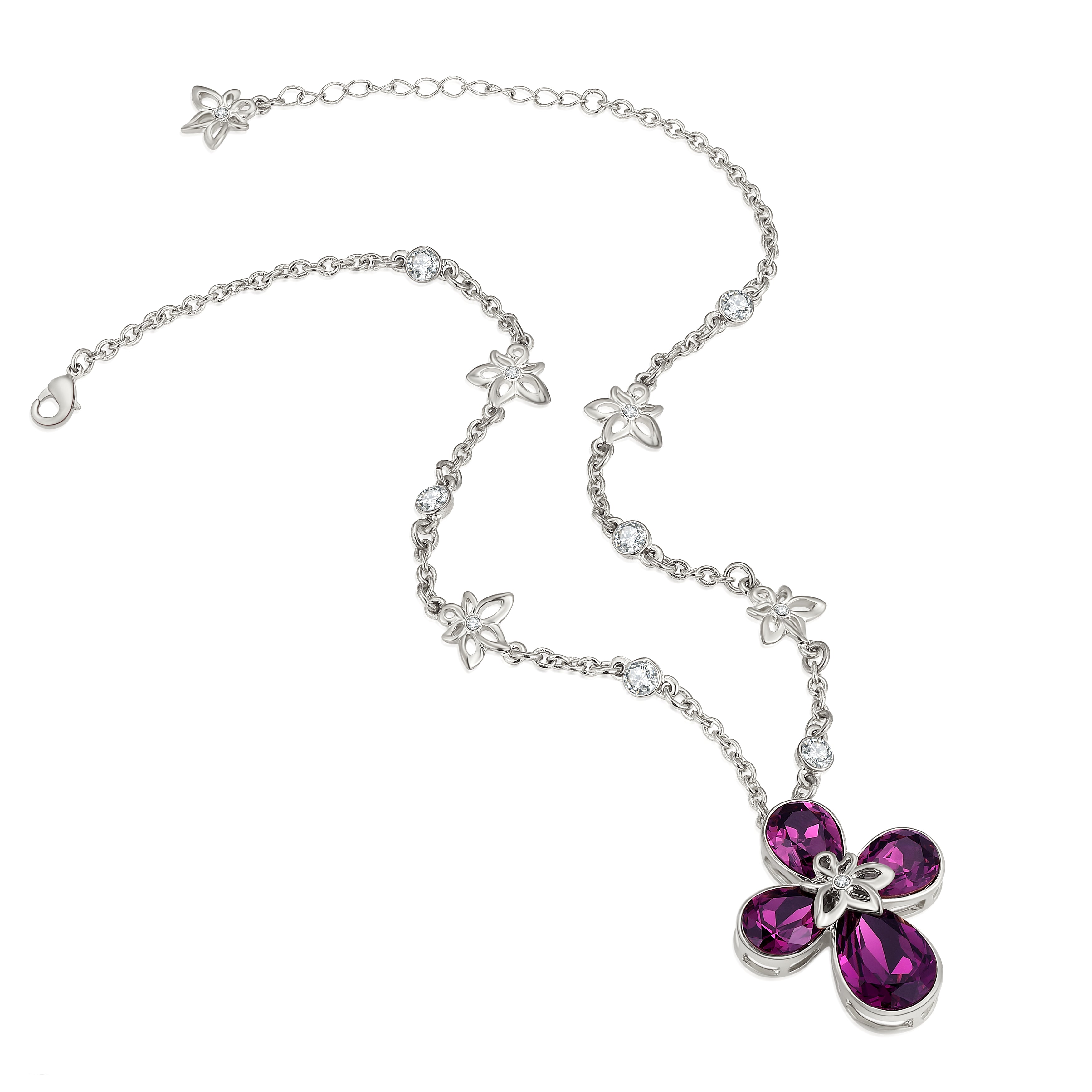 VICACCI White gold Four Leaf Clover Necklace,Embellished with crystals ; Lucky purple crystals
