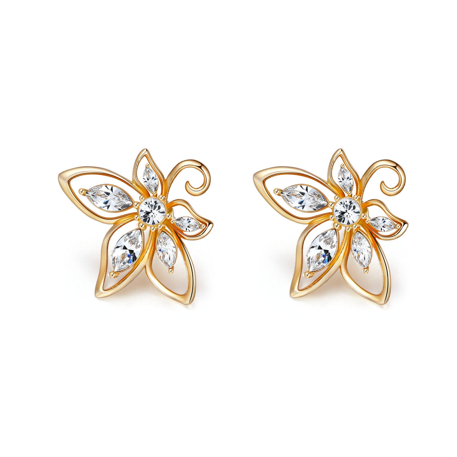 VICACCI 18K Yellow Gold Bauhinia Earrings with Swarovski Clear Crystals