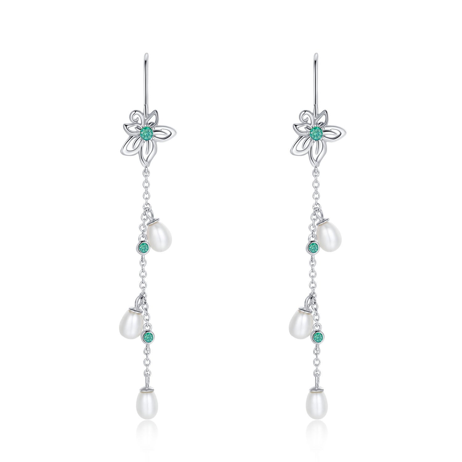 Vicacci 925 Silver Bauhinia Lotus Seed Earrings with Swarovski Green Crystals