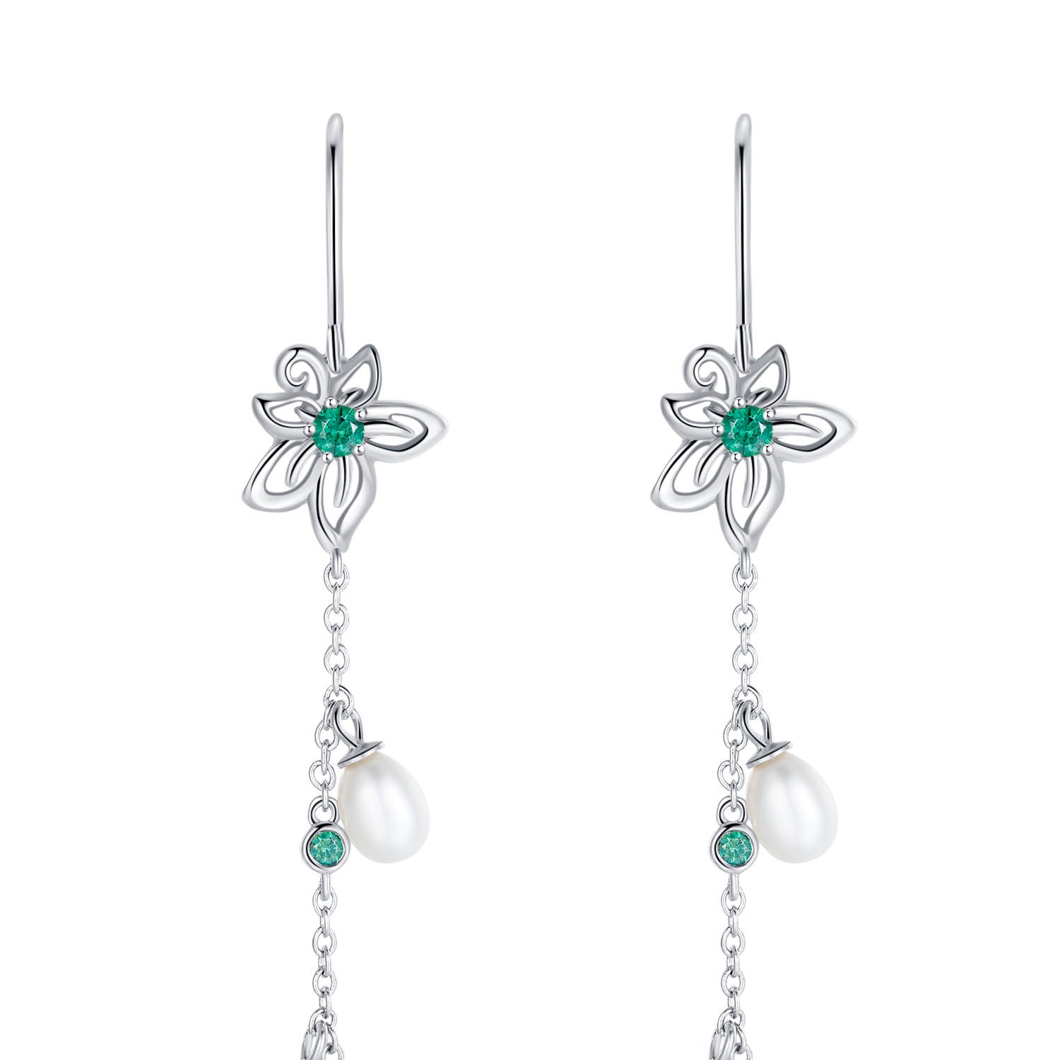 Vicacci 925 Silver Bauhinia Lotus Seed Earrings with Swarovski Green Crystals