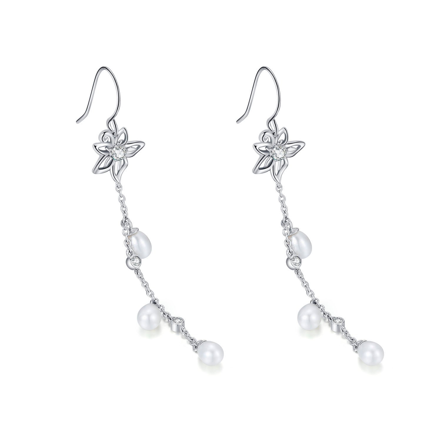 Vicacci 925 Silver Bauhinia Chain Earrings with Swarovski Clear Crystals