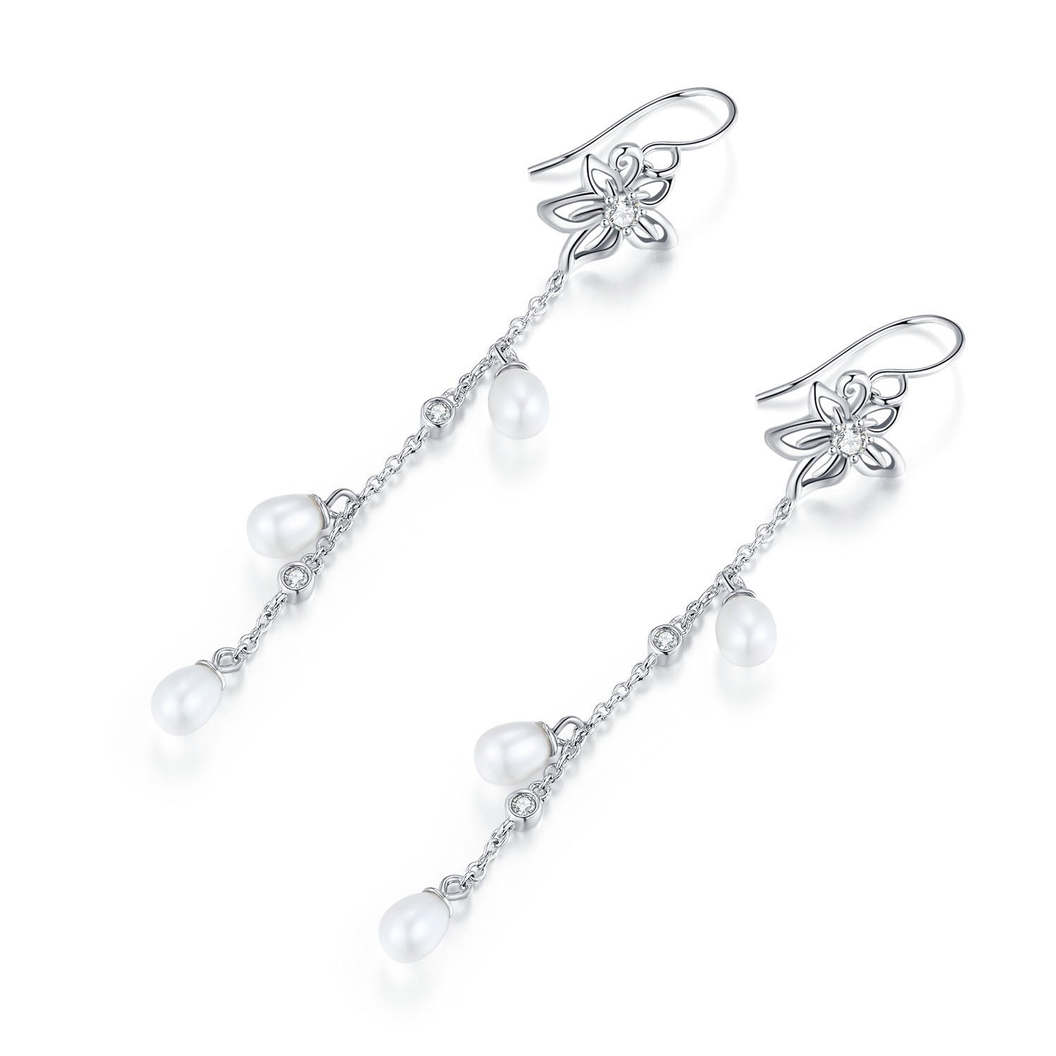 Vicacci 925 Silver Bauhinia Chain Earrings with Swarovski Clear Crystals