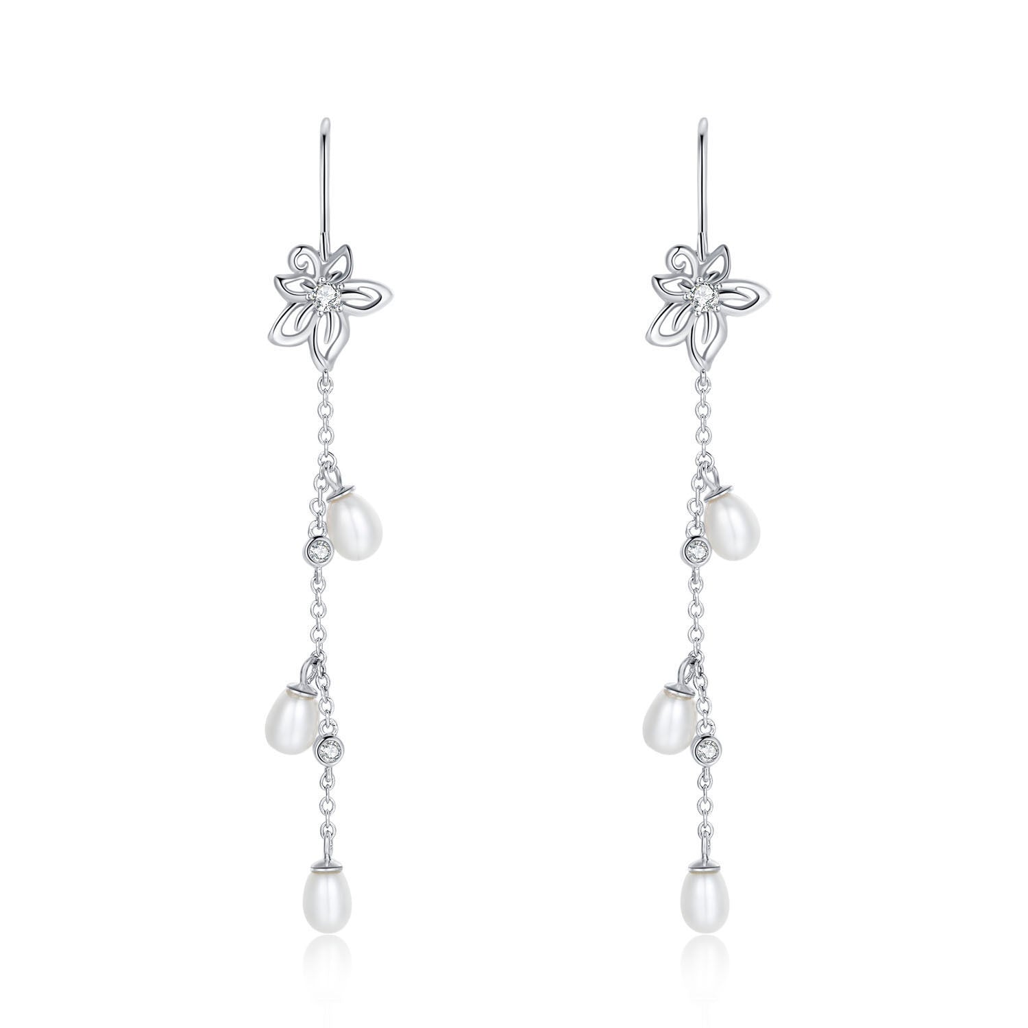 Vicacci 925 Silver Bauhinia Chain Earrings with Swarovski Clear Crystals