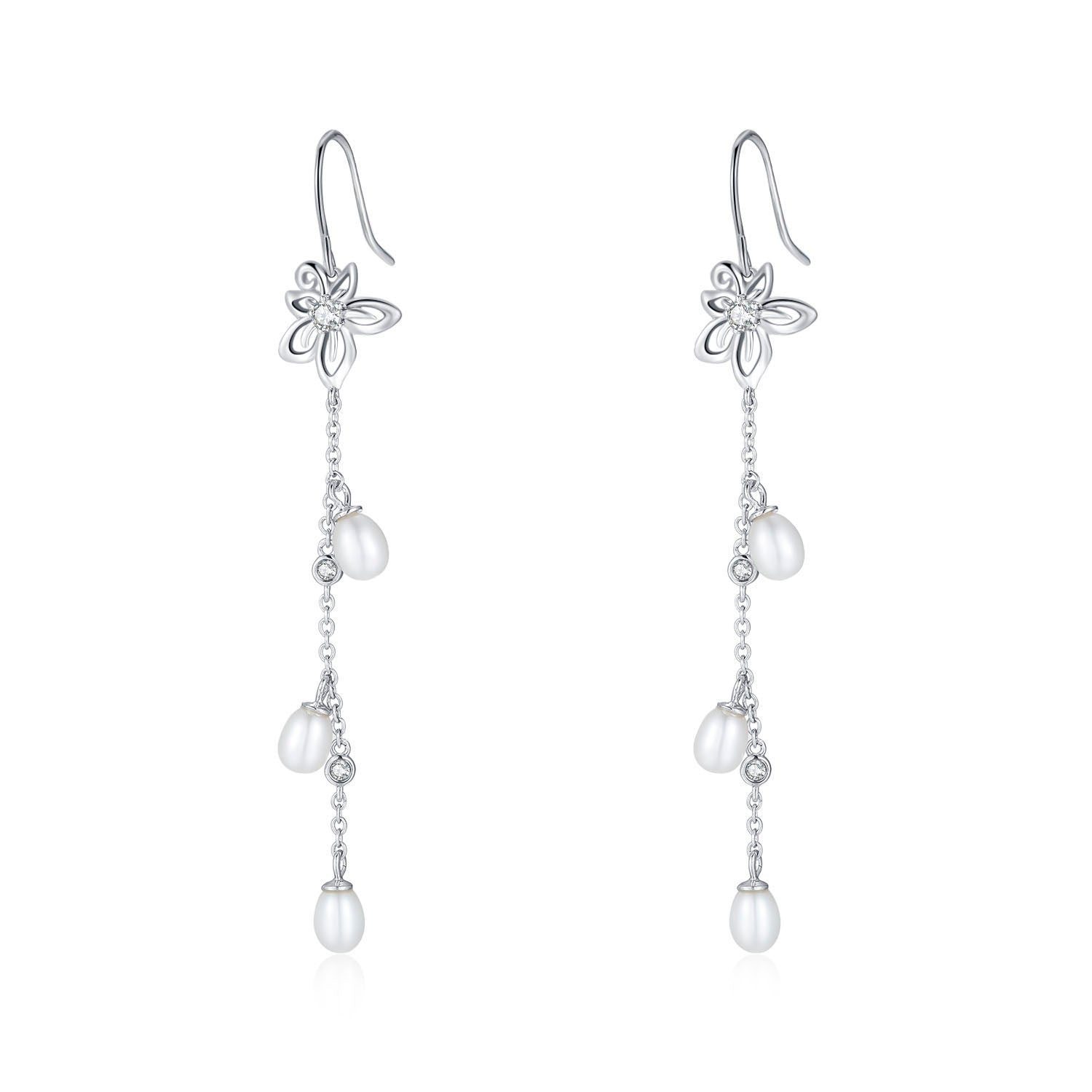 Vicacci 925 Silver Bauhinia Chain Earrings with Swarovski Clear Crystals