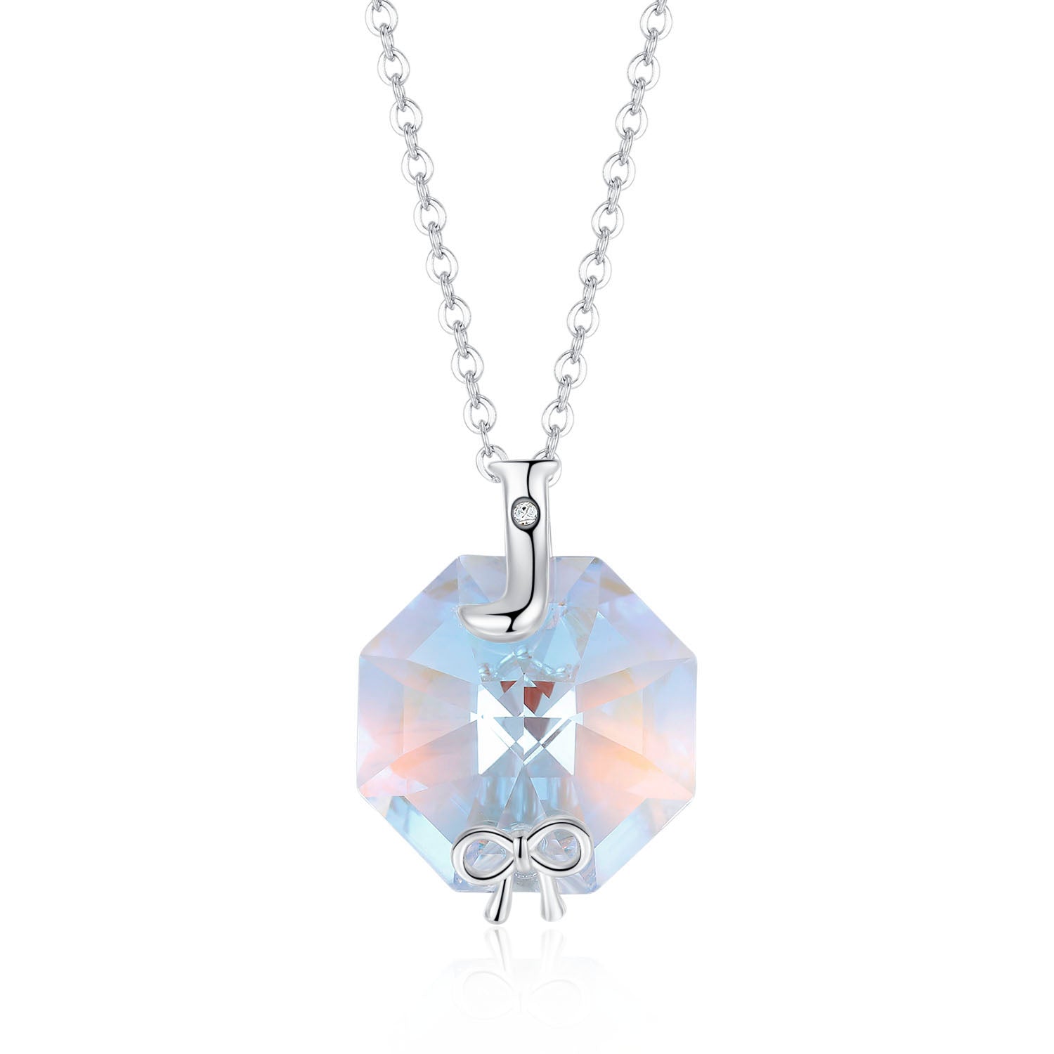 Planet J Hexagon Small Bow Pendant Necklace with Crystals