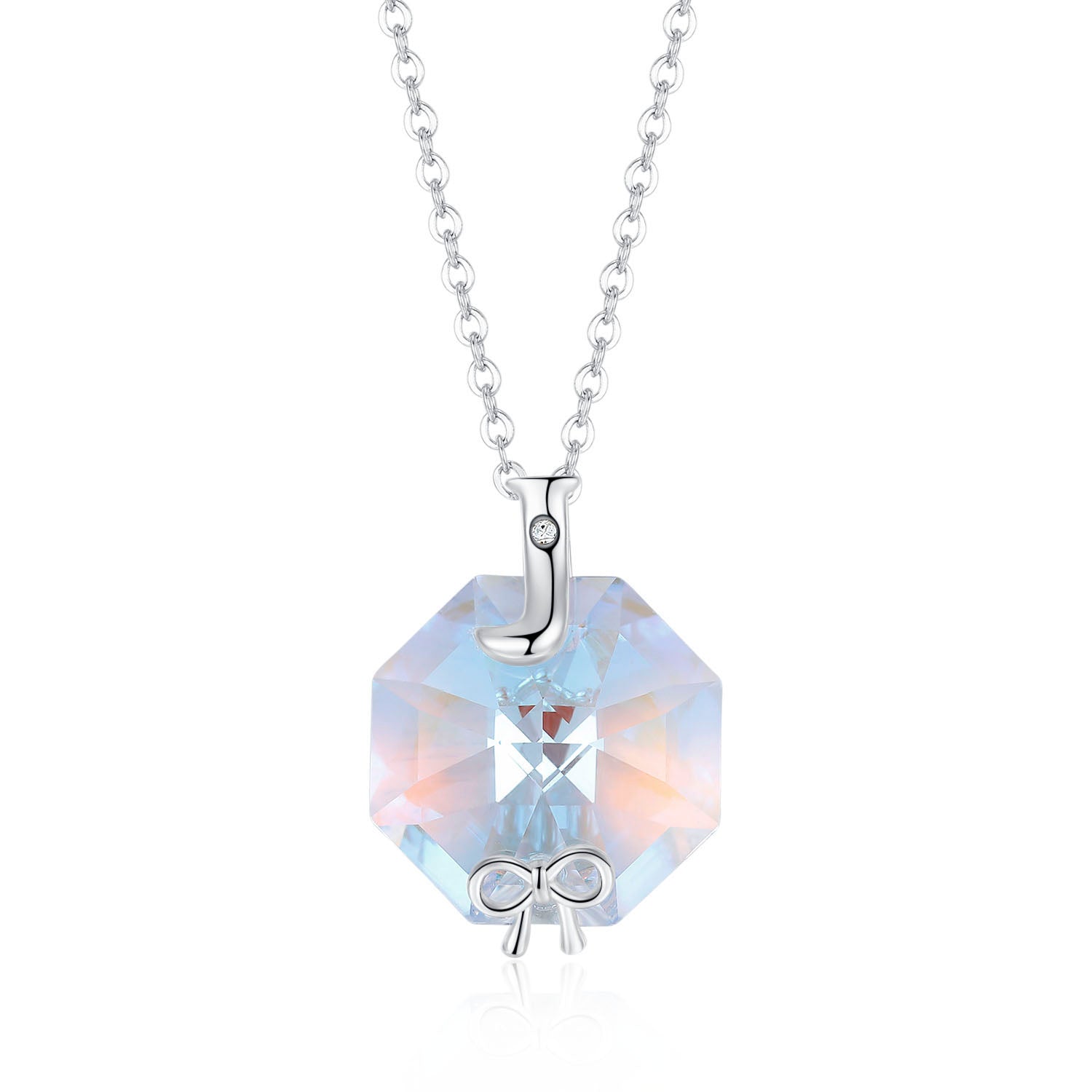 Planet J 925 Sterling Silver Hexagon Small Bow Pendant Necklace with Swarovski Elements Crystals