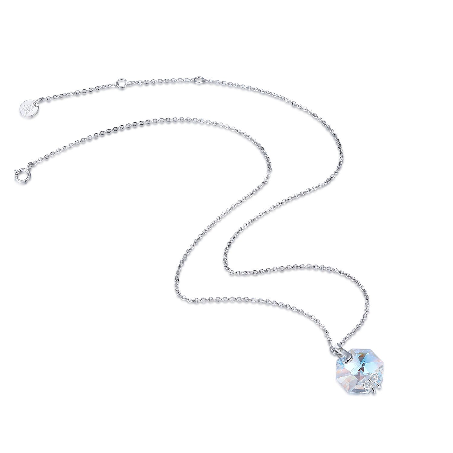 Planet J 925 Sterling Silver Hexagon Small Bow Pendant Necklace with Swarovski Elements Crystals