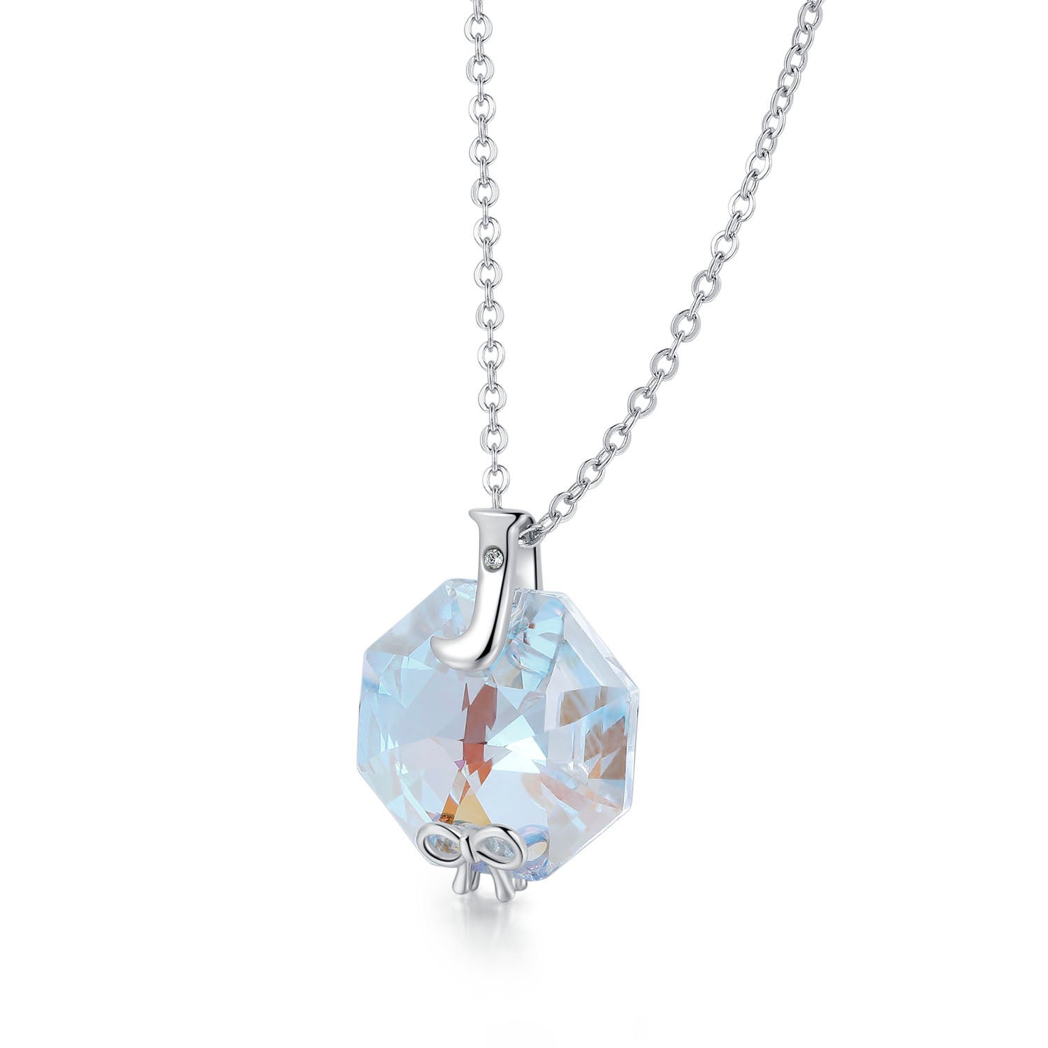 Planet J 925 Sterling Silver Hexagon Small Bow Pendant Necklace with Swarovski Elements Crystals