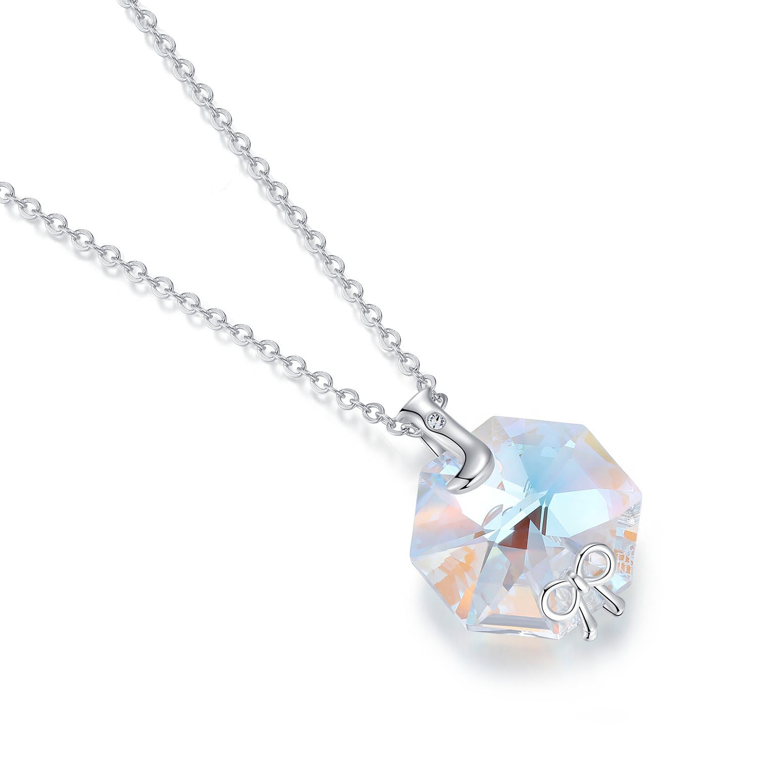 Planet J 925 Sterling Silver Hexagon Small Bow Pendant Necklace with Swarovski Elements Crystals