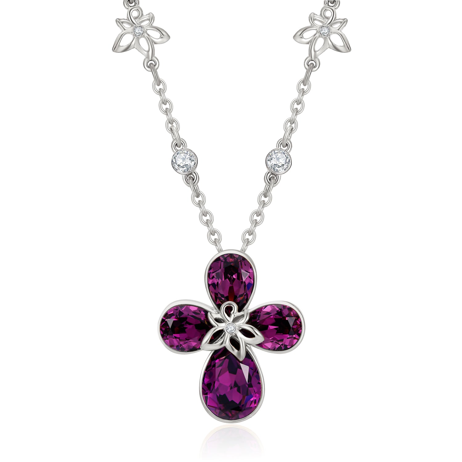 VICACCI White gold Four Leaf Clover Necklace,Embellished with crystals ; Lucky purple crystals