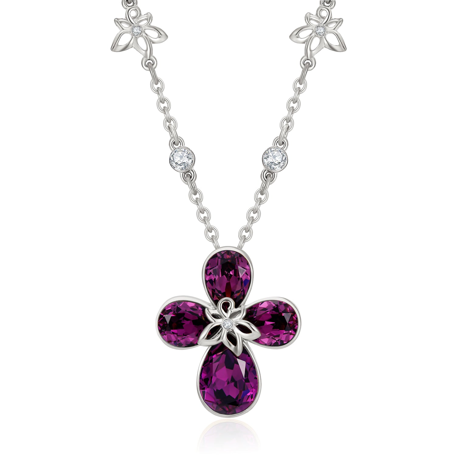 VICACCI White gold Four Leaf Clover Necklace，Embellished with crystals from Swarovski ; Lucky purple crystals