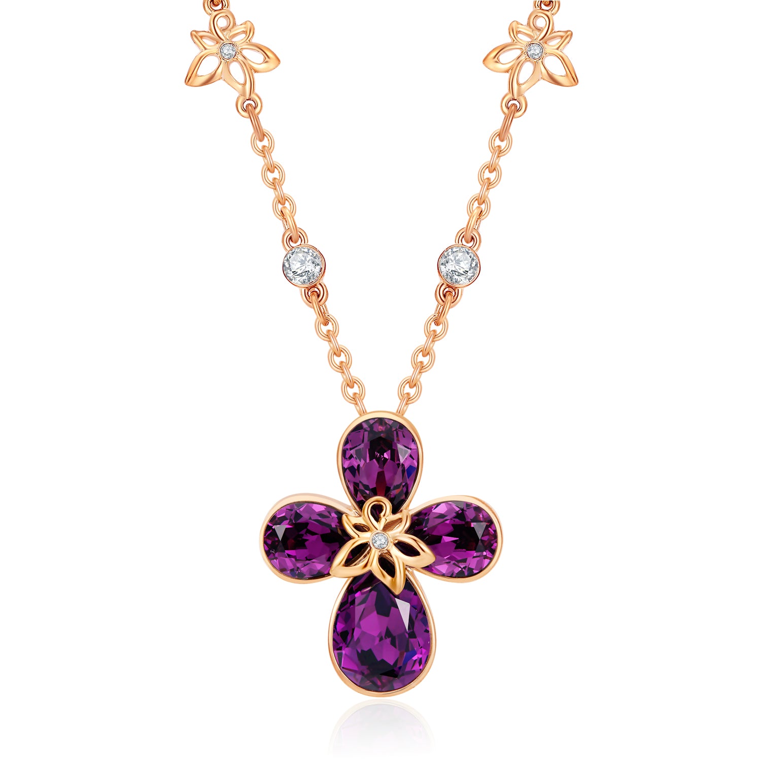 VICACCI Rose gold Four Leaf Clover Necklace,Embellished with crystals ; Lucky purple crystals