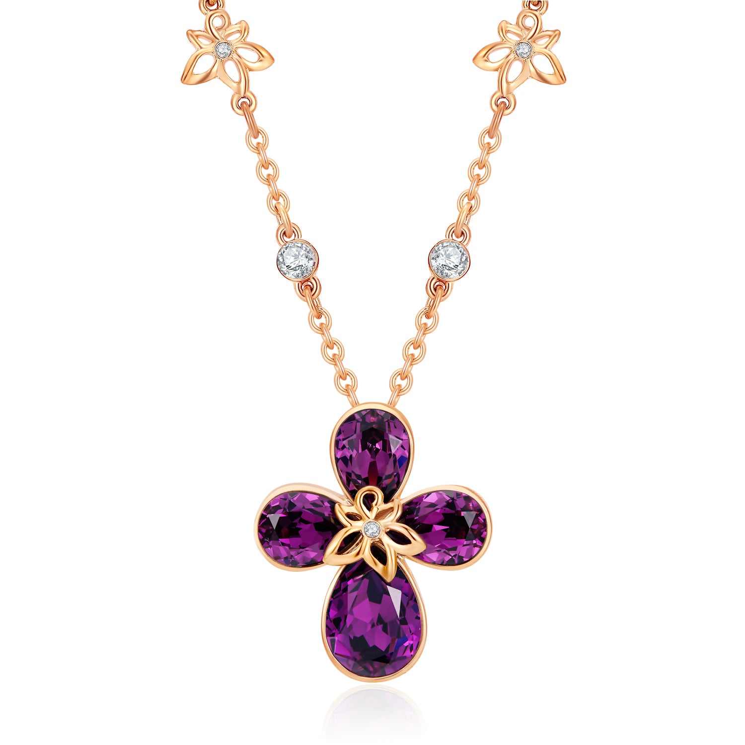 VICACCI Rose gold Four Leaf Clover Necklace，Embellished with crystals from Swarovski ; Lucky purple crystals