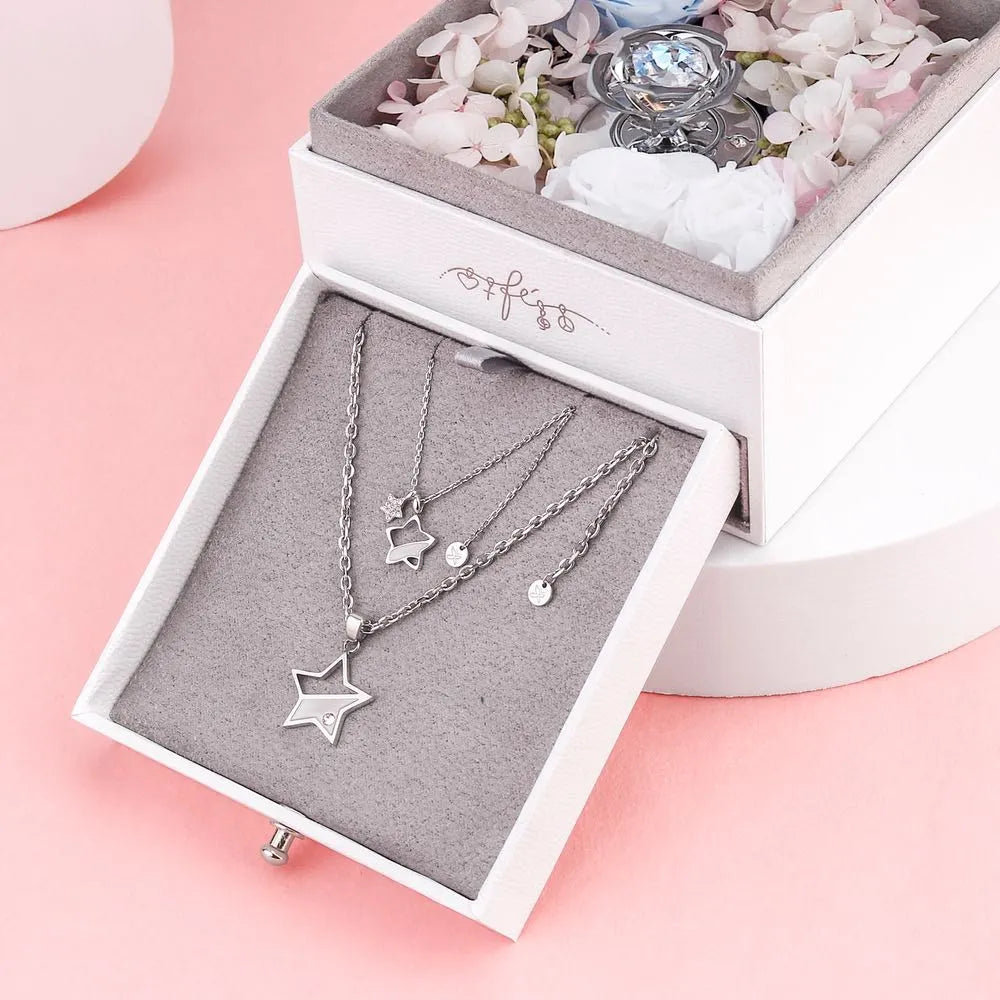 Flower Jewelry Box Double Star Couple Pendant Set