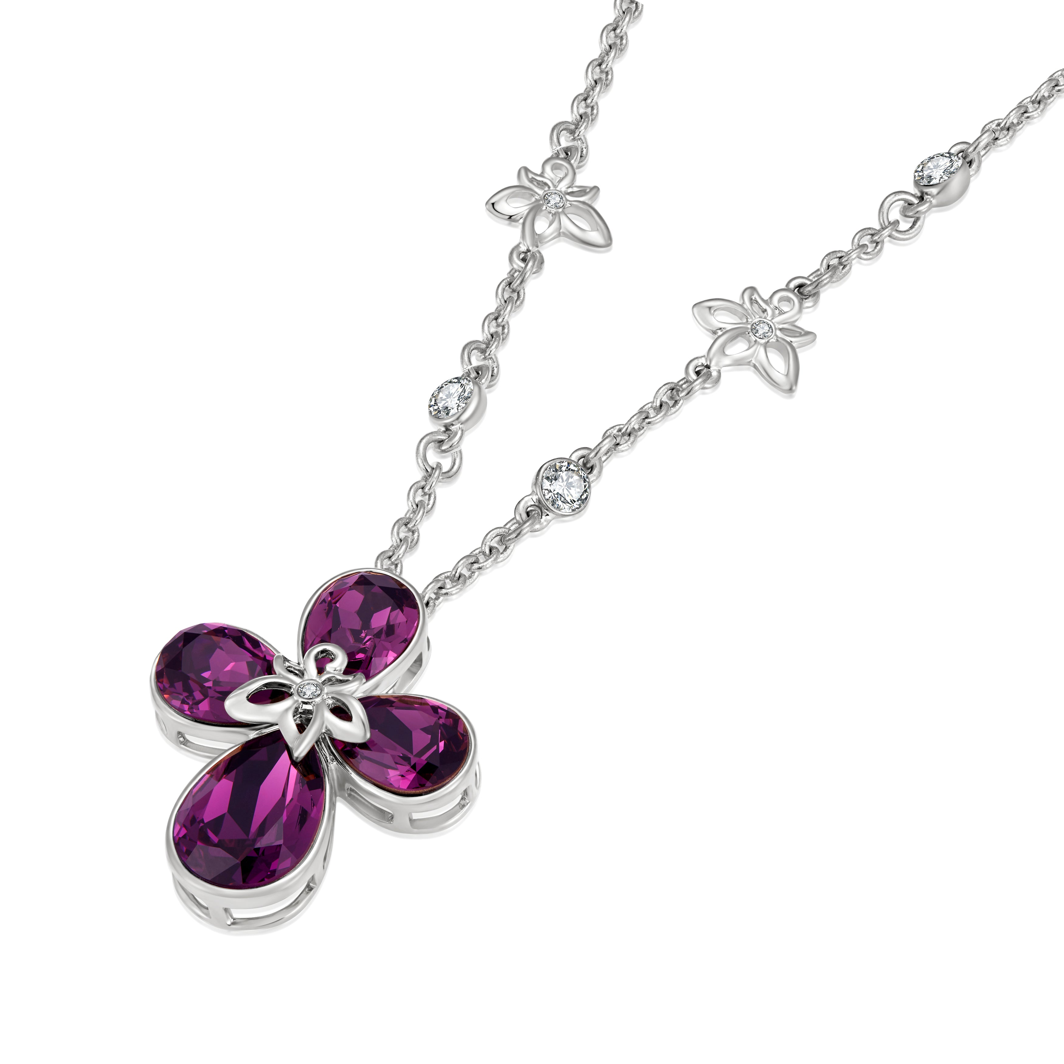 VICACCI White gold Four Leaf Clover Necklace,Embellished with crystals ; Lucky purple crystals