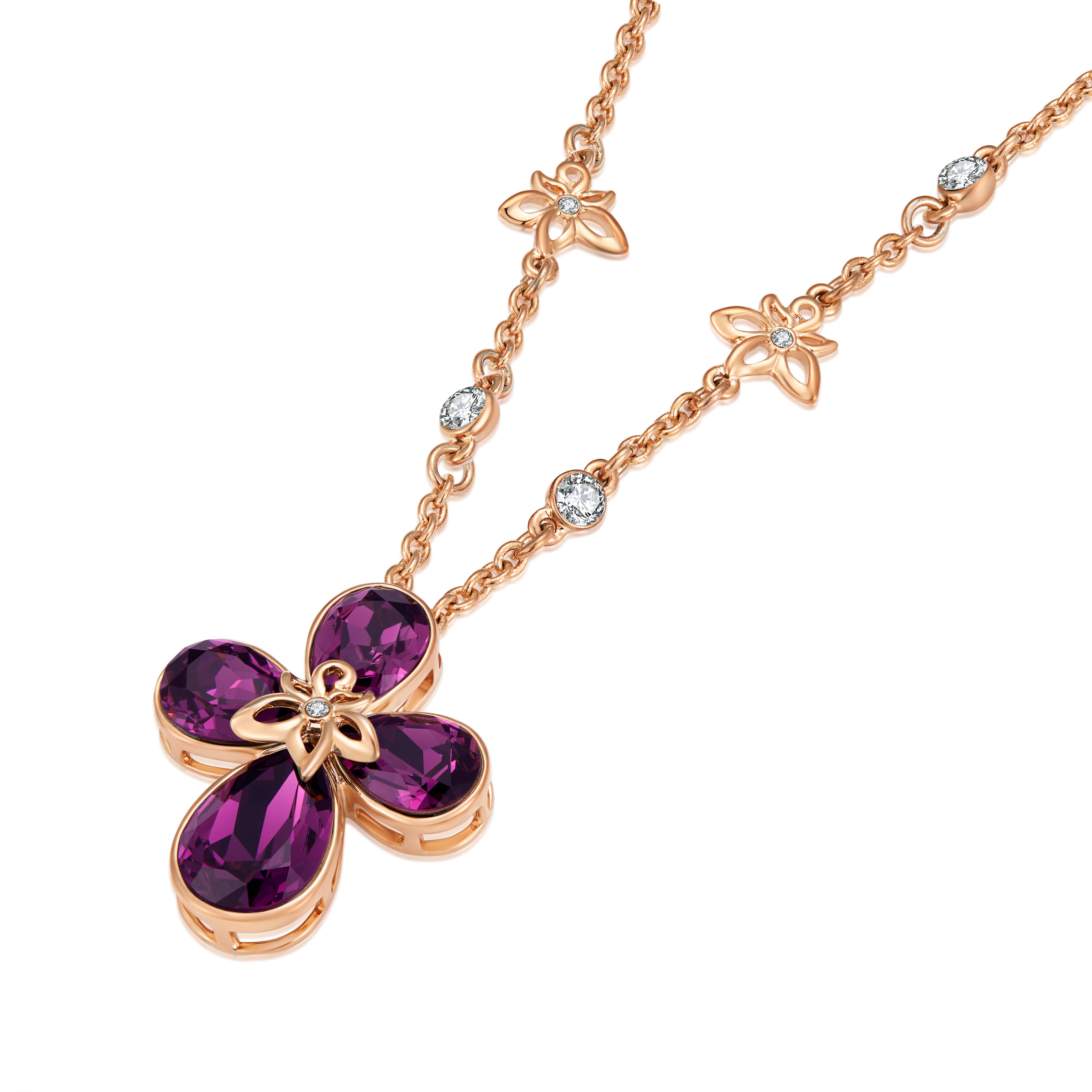 VICACCI Rose gold Four Leaf Clover Necklace,Embellished with crystals ; Lucky purple crystals