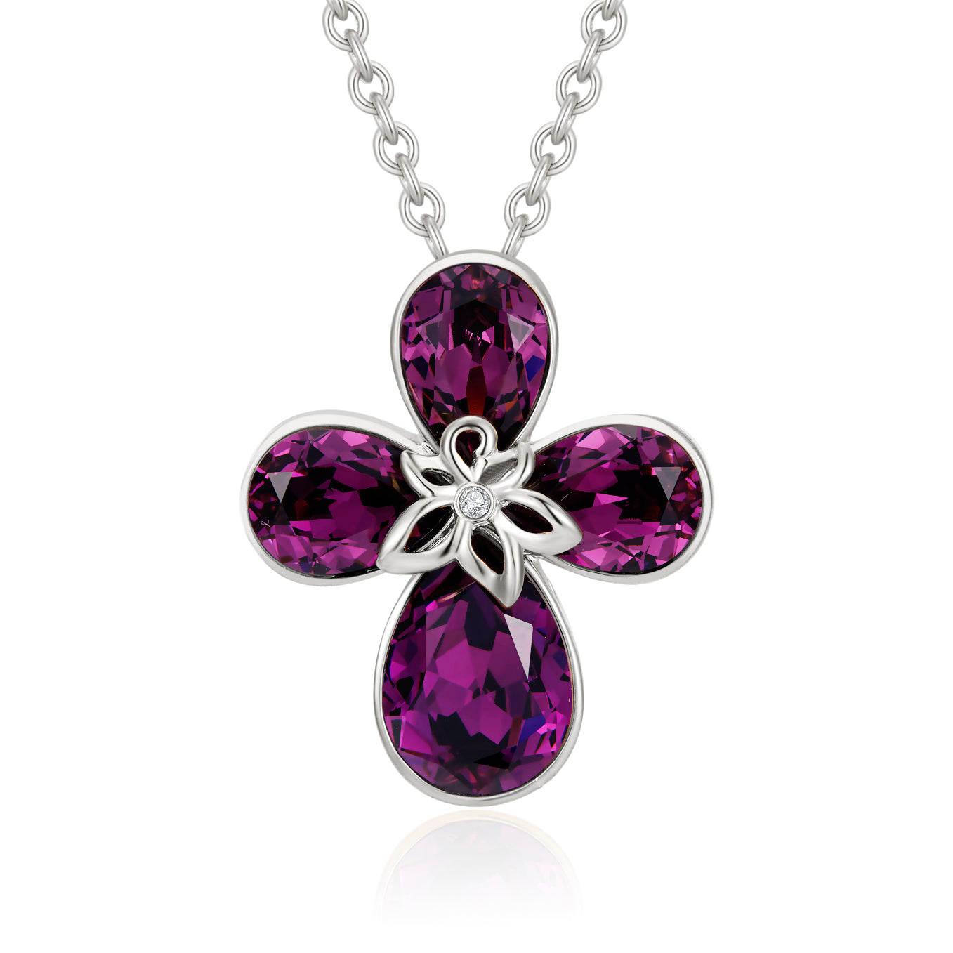 VICACCI White gold Four Leaf Clover Necklace,Embellished with crystals ; Lucky purple crystals