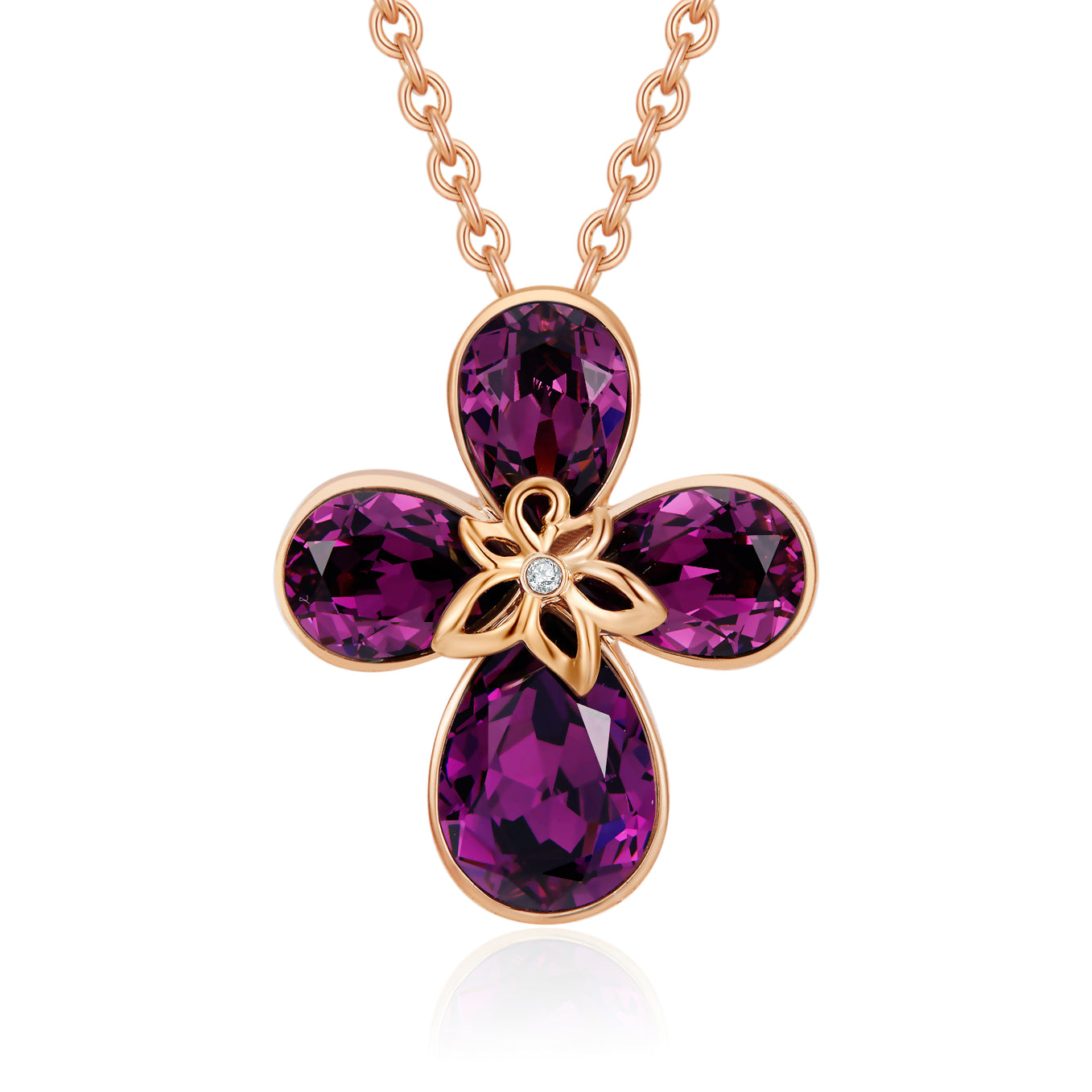 VICACCI Rose gold Four Leaf Clover Necklace,Embellished with crystals ; Lucky purple crystals