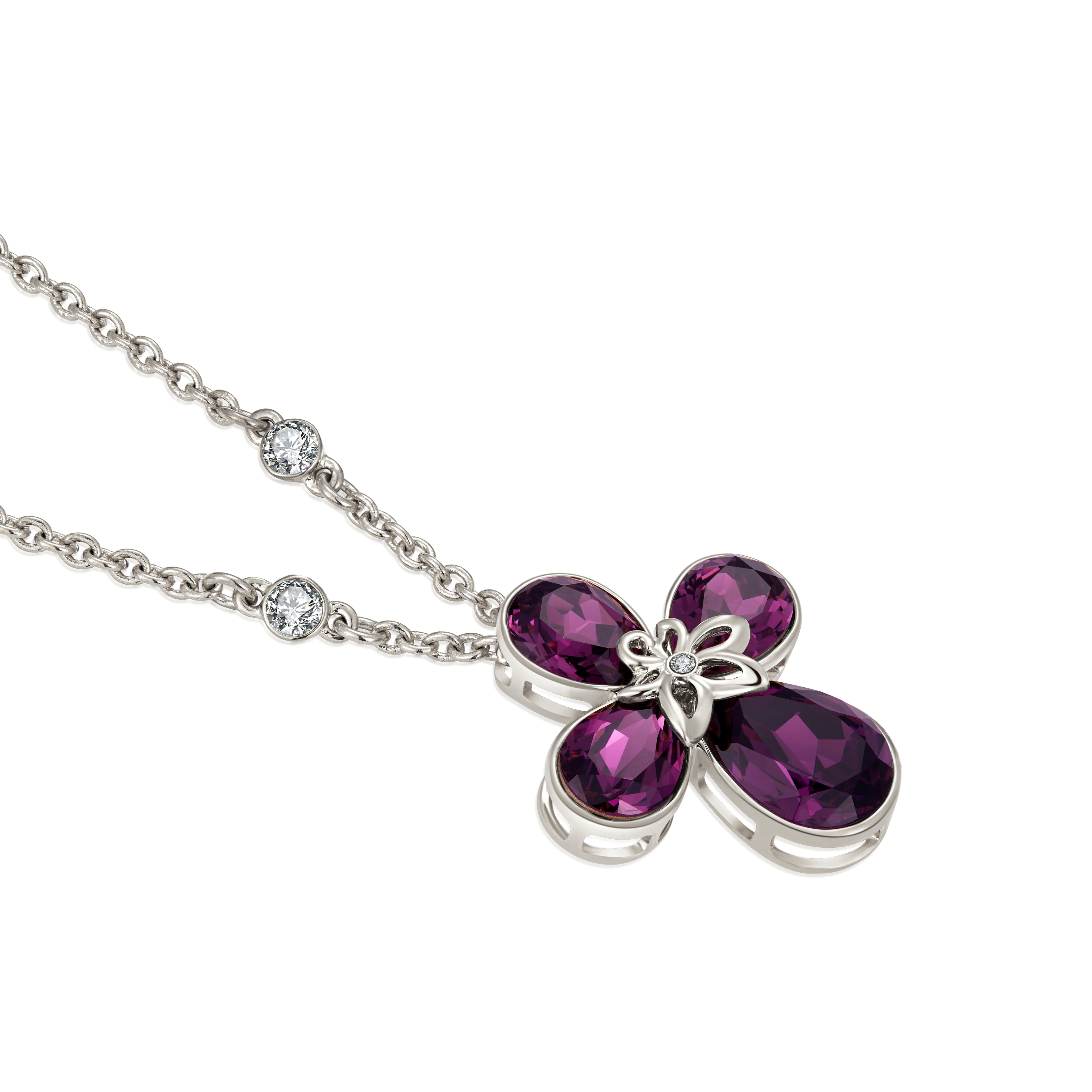 VICACCI White gold Four Leaf Clover Necklace,Embellished with crystals ; Lucky purple crystals