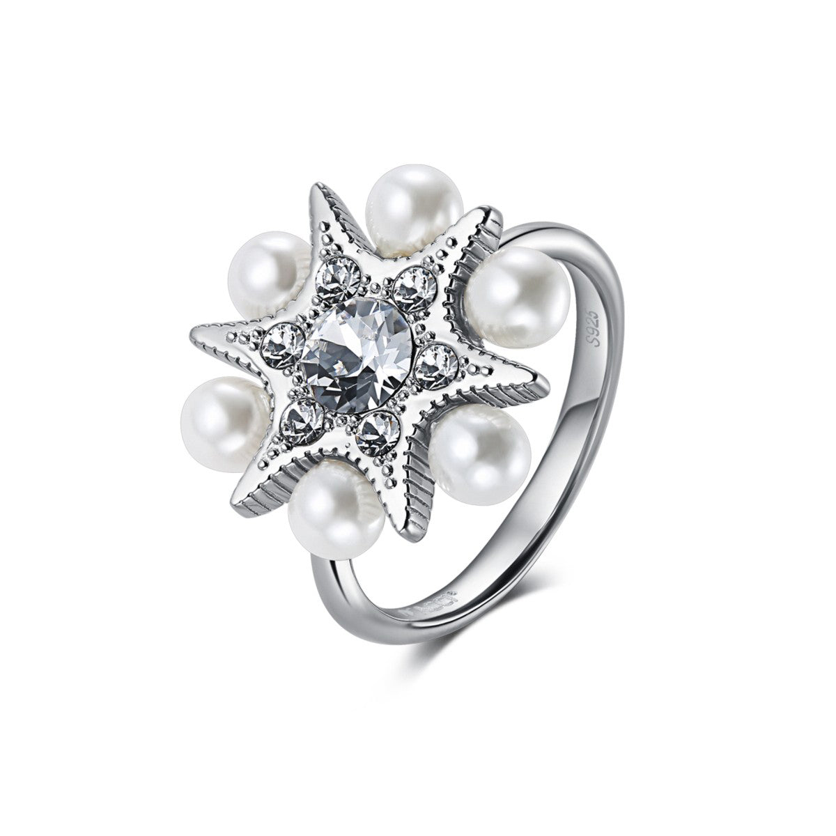 Star of Solomon 925 Sterling Silver Crystal Pearl Ring