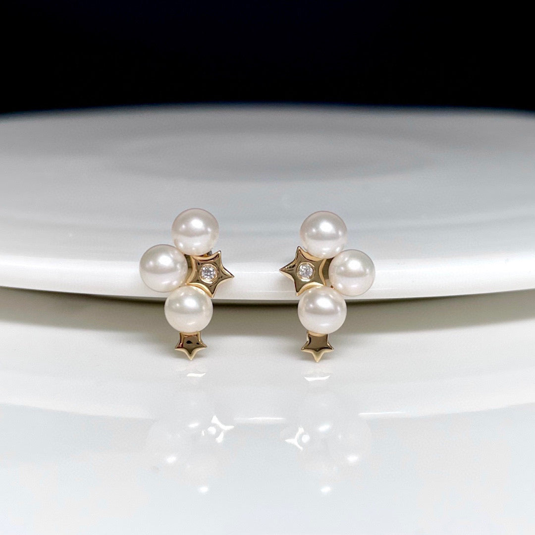 18K Gold Diamond Freshwater Pearl Earrings**