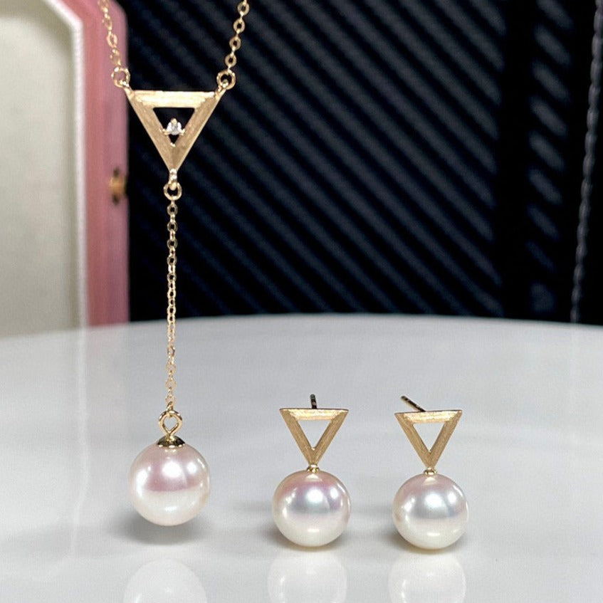 18K金鑽石淡水珍珠耳環 拉絲工藝 倒三角形設計 個性十足