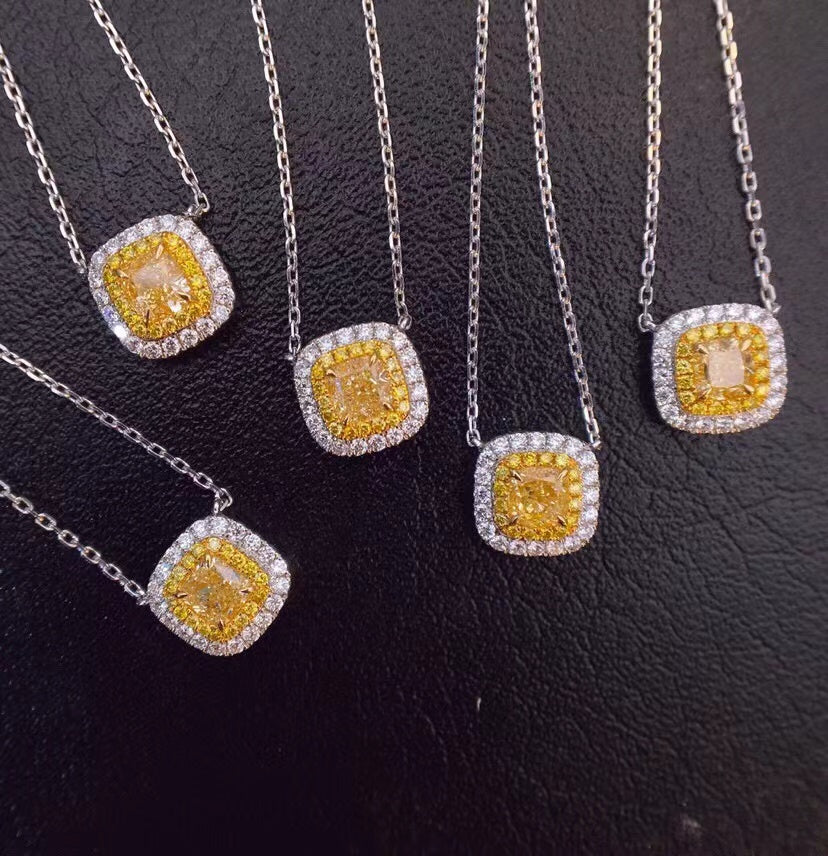 18K "square" diamond necklace yellow gemstone