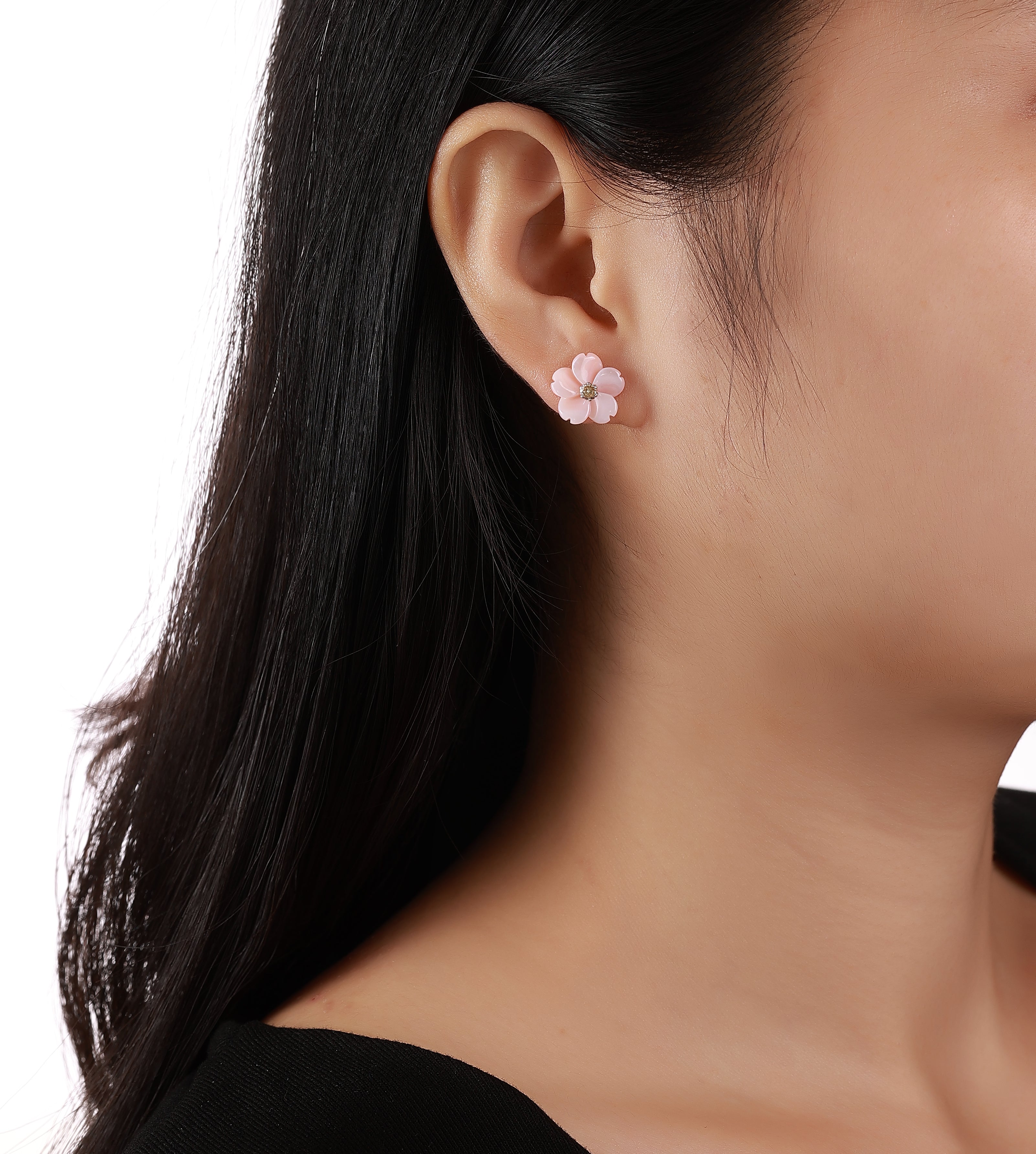 Cherry Blossom 18K Gold Diamond Shell Earrings