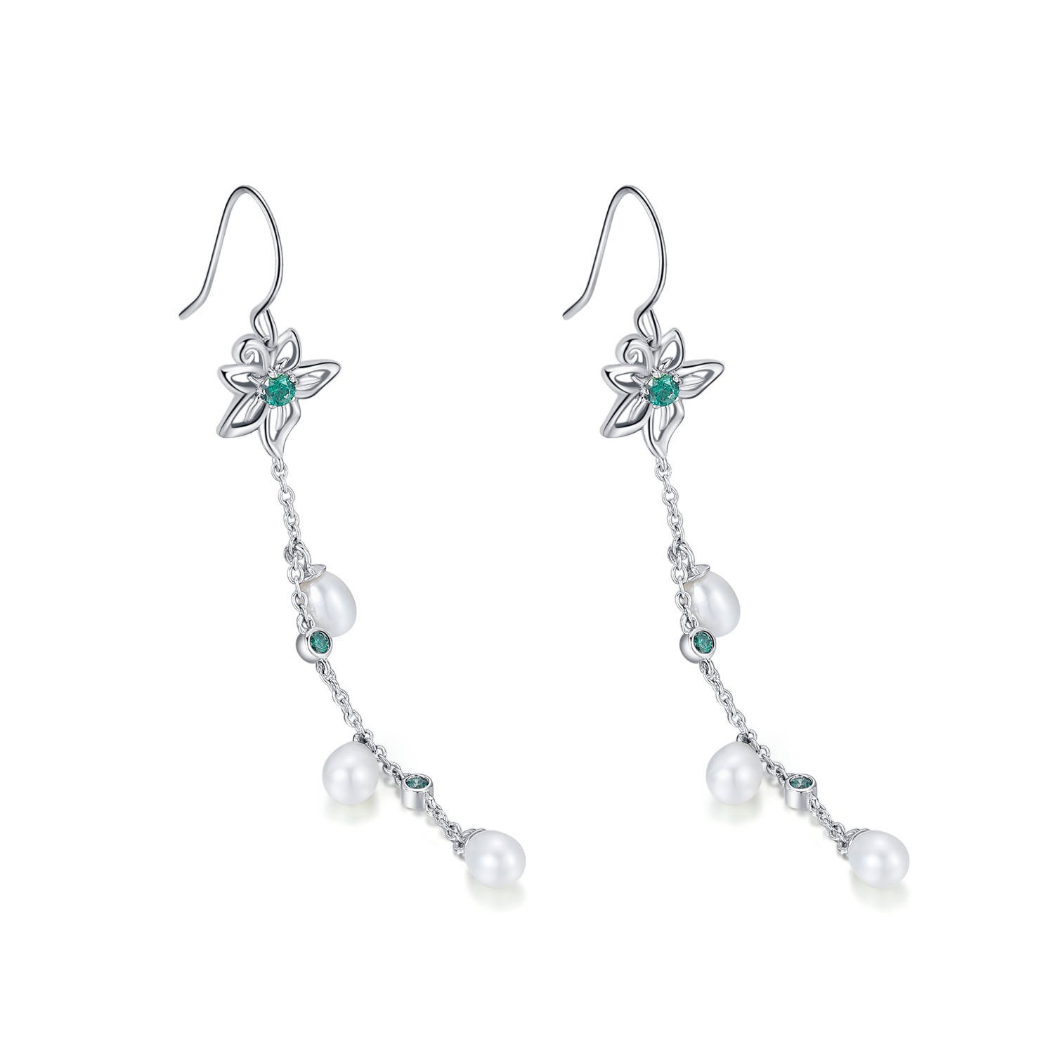 Vicacci 925 Silver Bauhinia Lotus Seed Earrings with Swarovski Green Crystals