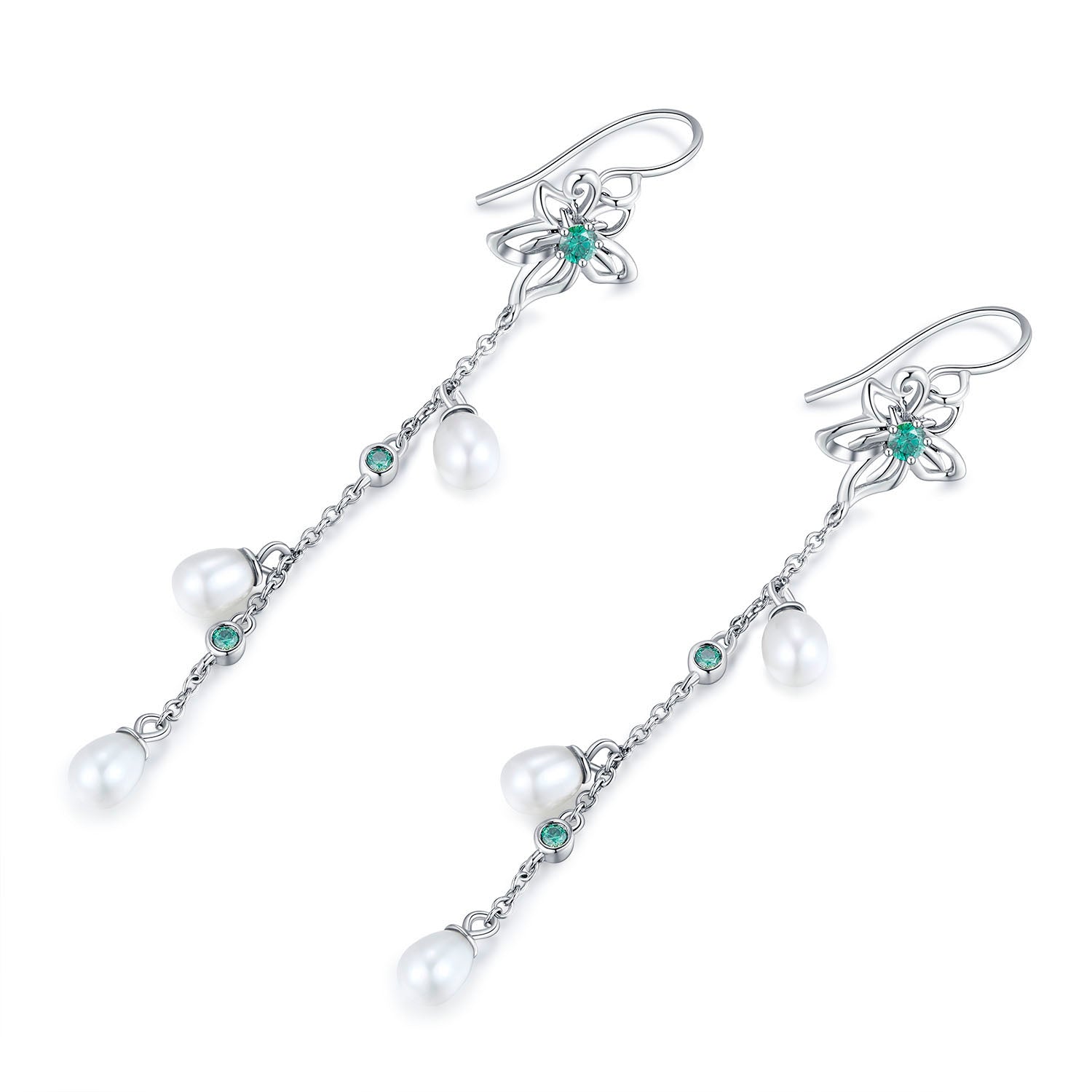 Vicacci 925 Silver Bauhinia Lotus Seed Earrings with Swarovski Green Crystals