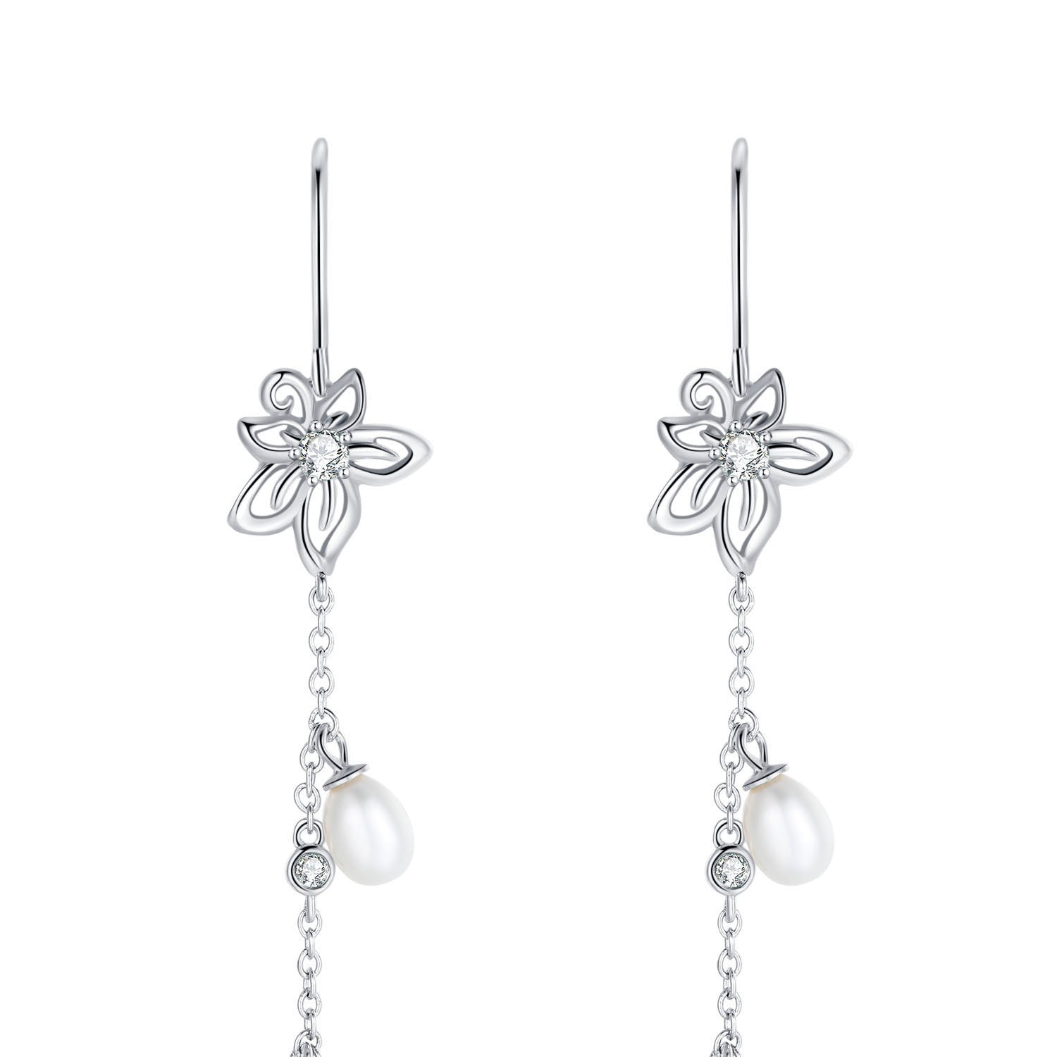 Vicacci 925 Silver Bauhinia Chain Earrings with Swarovski Clear Crystals