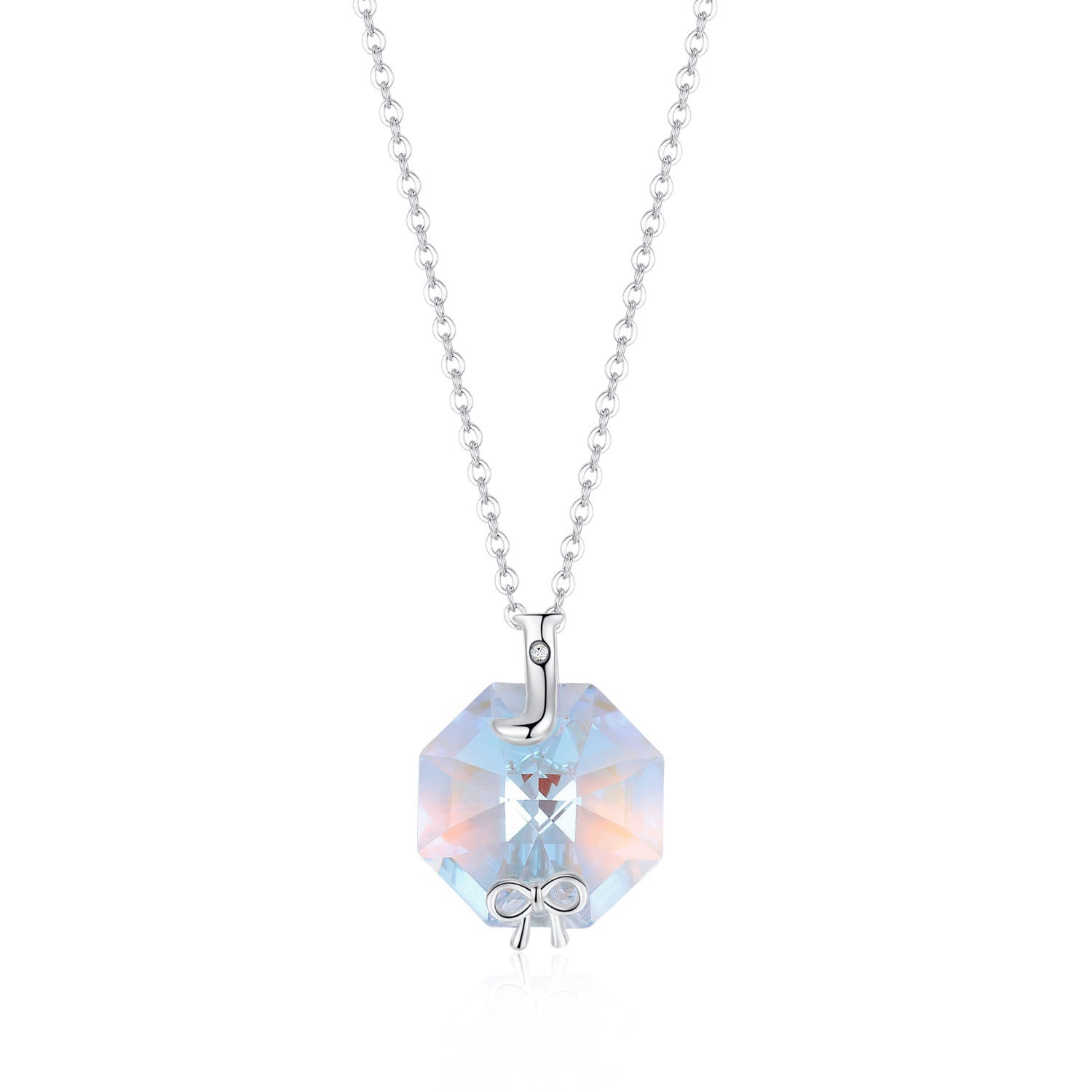 Planet J 925 Sterling Silver Hexagon Small Bow Pendant Necklace with Swarovski Elements Crystals