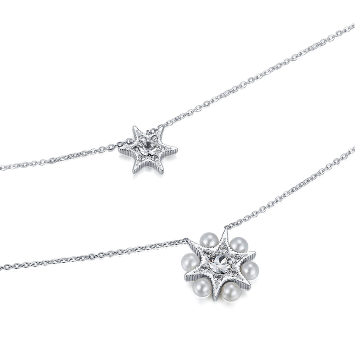 Star of Solomon 925 Sterling Silver Swarovski Crystal Pearl Double Chain