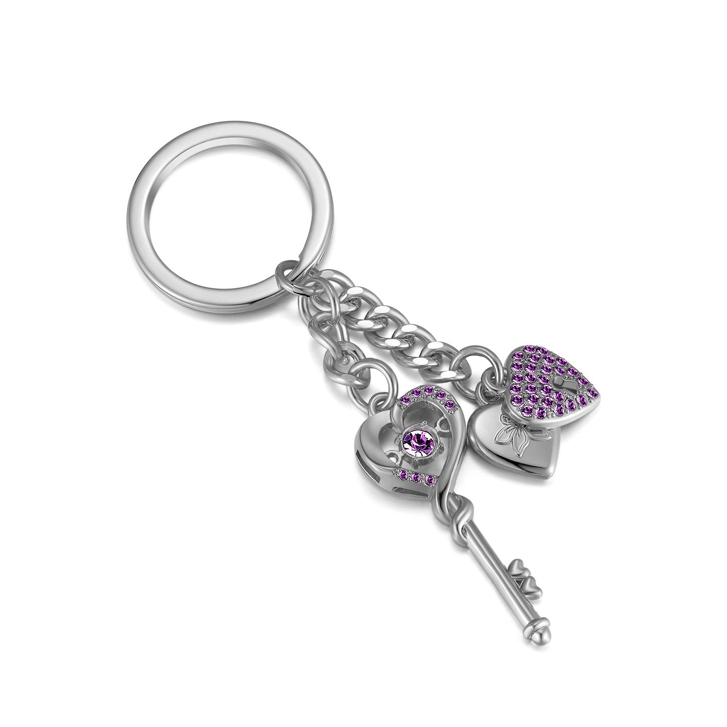 Vicacci Silver Color Heart shape keychain with brilliant purple crystals